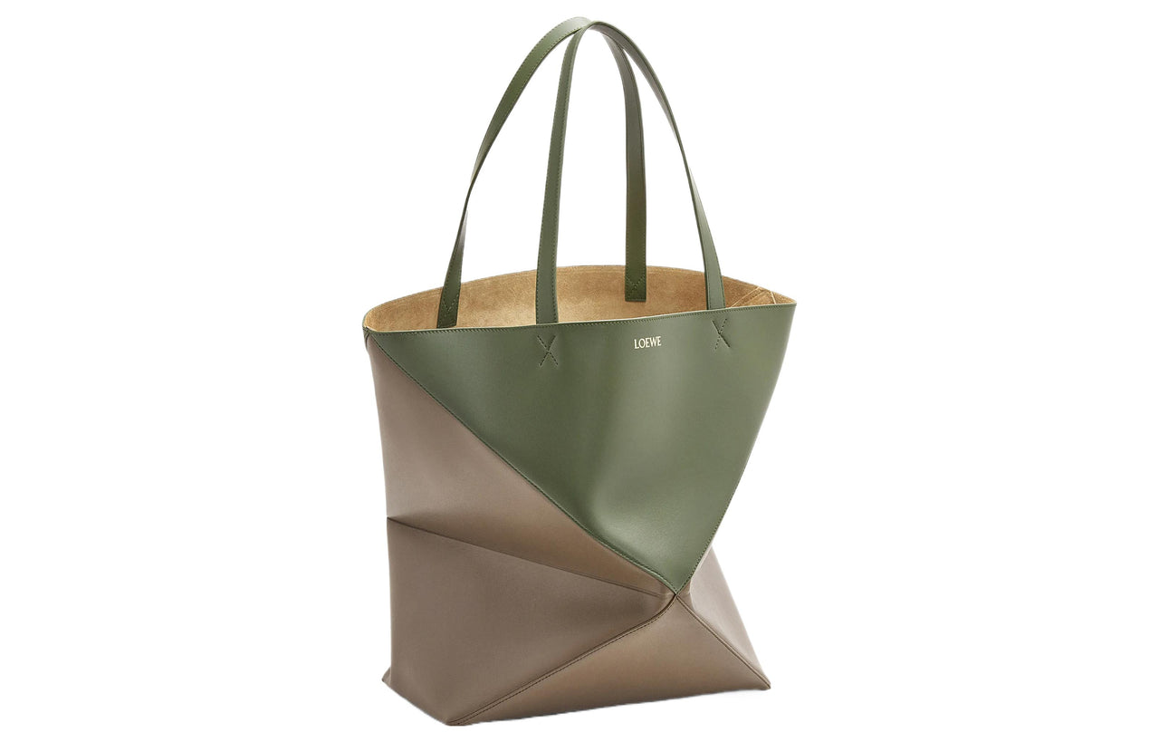 LOEWE Shiny Cow Leather One Shoulder Handbag Tubas Women's Brown Tea/Forest Green