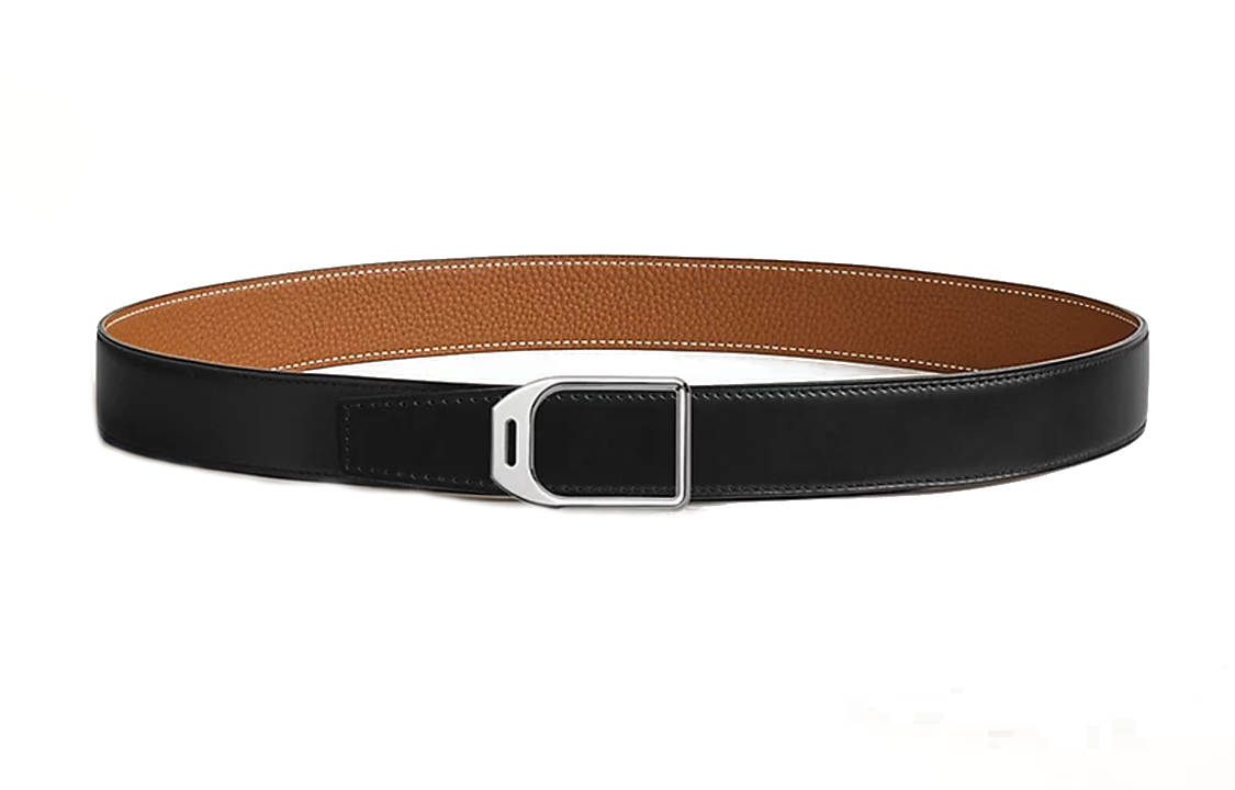 HERMES Cut-Out Design Leather Belts Men's Black/Brown Width: 3.2CM