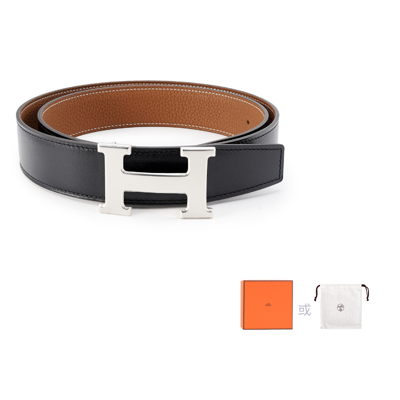 HERMES Cow Leather Belt Men's Black/Gold Width: 3.2cm