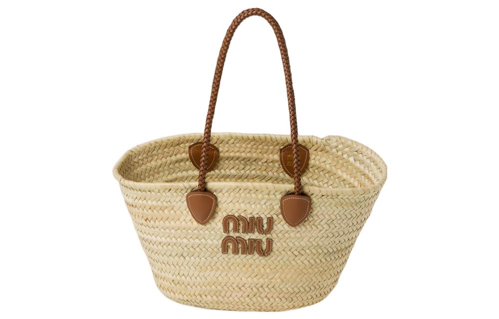 MIU MIU Wicker Tote Bag, Shopping Bag, Shoulder Bag, Handbag Women's Natural/Cognac