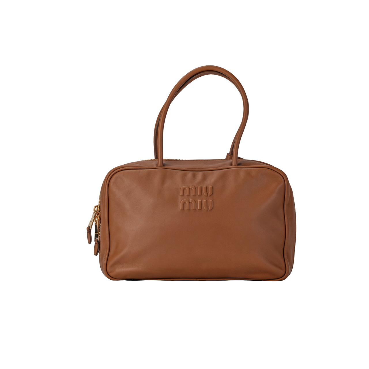 MIU MIU Beau Calfskin Bowling Bag Shoulder Bag Handbag Large Size Women's Cognac