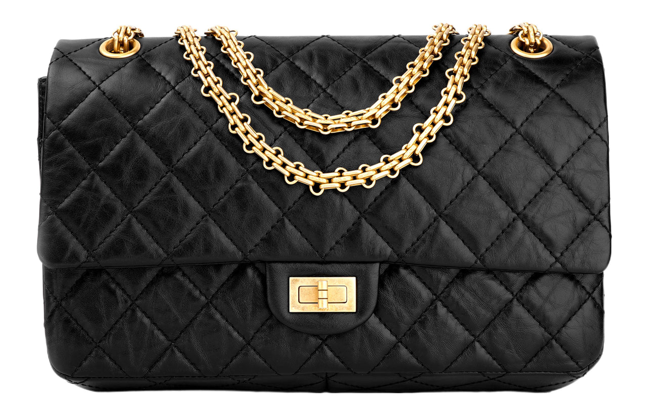 CHANEL 2.55 Vintage Cow Leather Flap Bag, Crossbody Bag, Shoulder Bag Women's Black Gold Black
