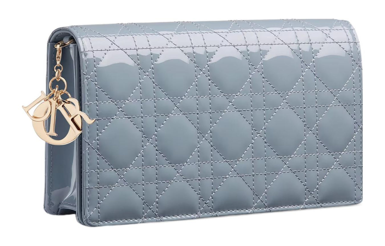 DIOR Lady Dior Patent Leather Cowhide 3-in-1 Coin Purse One Shoulder Crossbody Clutch Women's Powder Blue