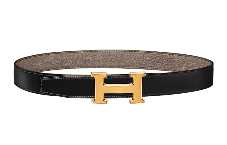 HERMES Togo Calfskin Double-Sided Leather Belt Leather Belts Unisex Black/Tin Gray 3.2cm