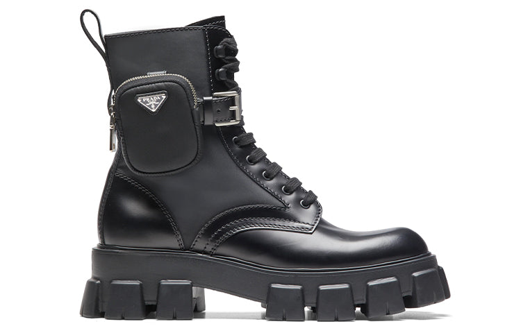 PRADA Monolith 55mm Pouch Ankle Boots Black Brushed Leather And Nylon