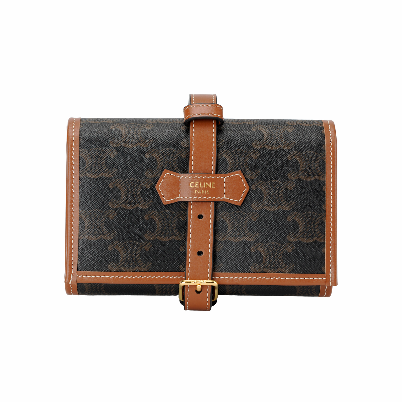 CELINE Triomphe Canvas And Calfskin Zip Closure Coin Purses Card Holders Women's Tan
