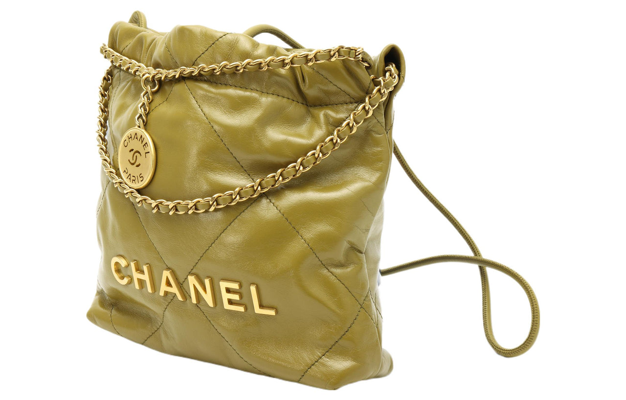CHANEL 22Bag Shiny Calfskin Bucket Bags Shoulder Bag Crossbody Bag Mini Women's Olive Green