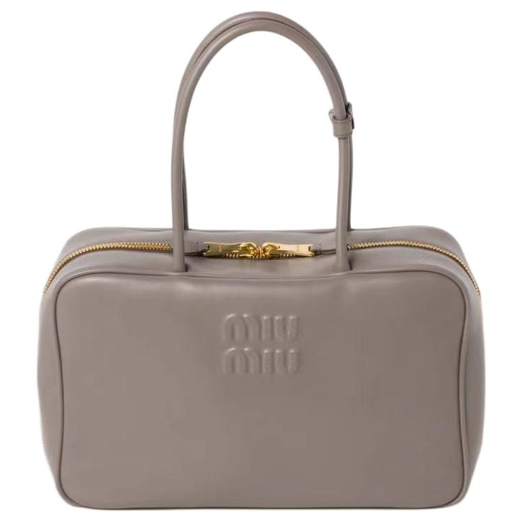 MIU MIU Beau Calfskin Bowling Bag Shoulder Bag Handbag Women's Mud Gray