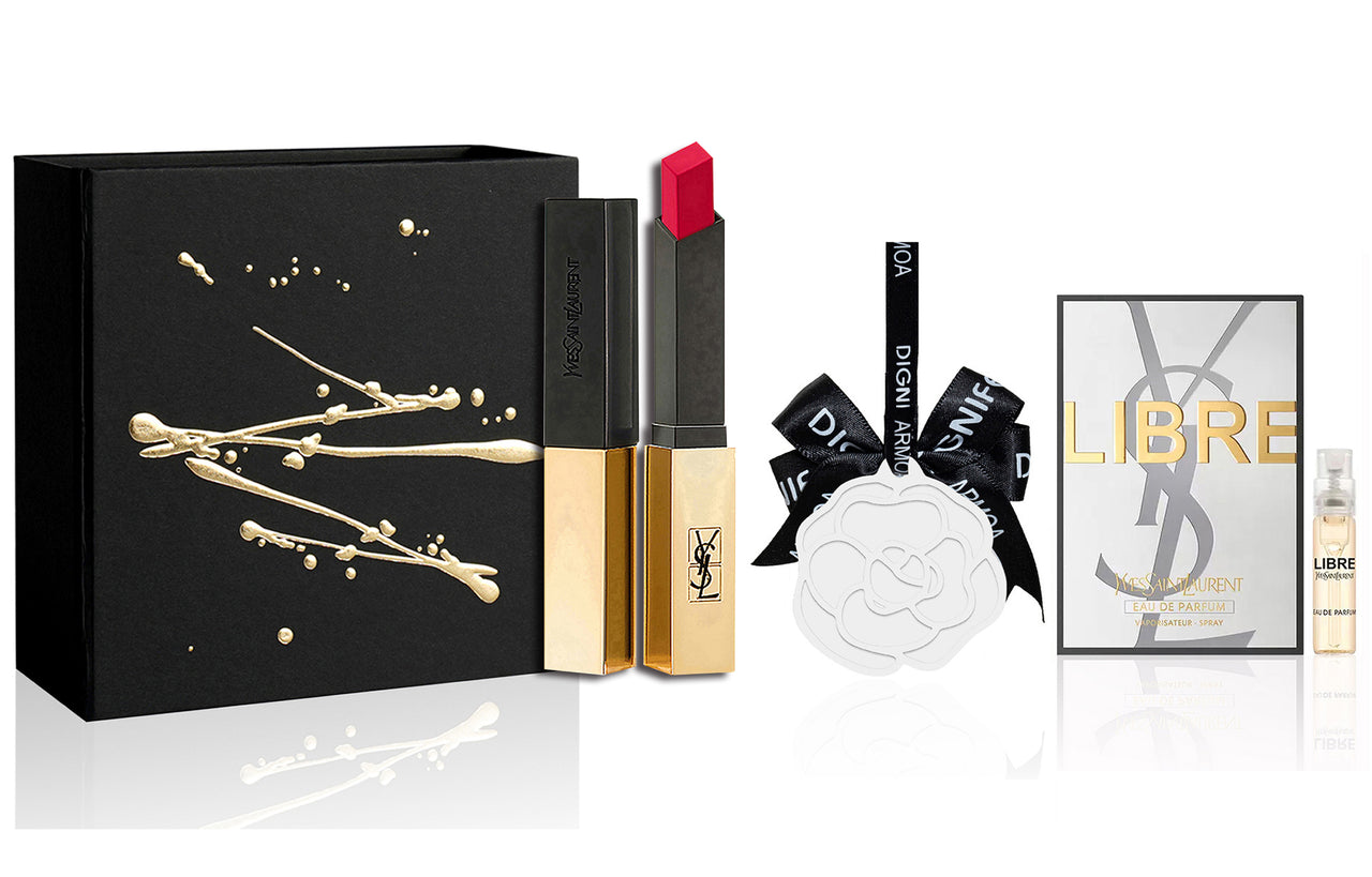 SAINT LAURENT Small Gold Bar/Small Black Stripes Lipstick Set Velour Natural Easy to Blend Houndstooth Style Box