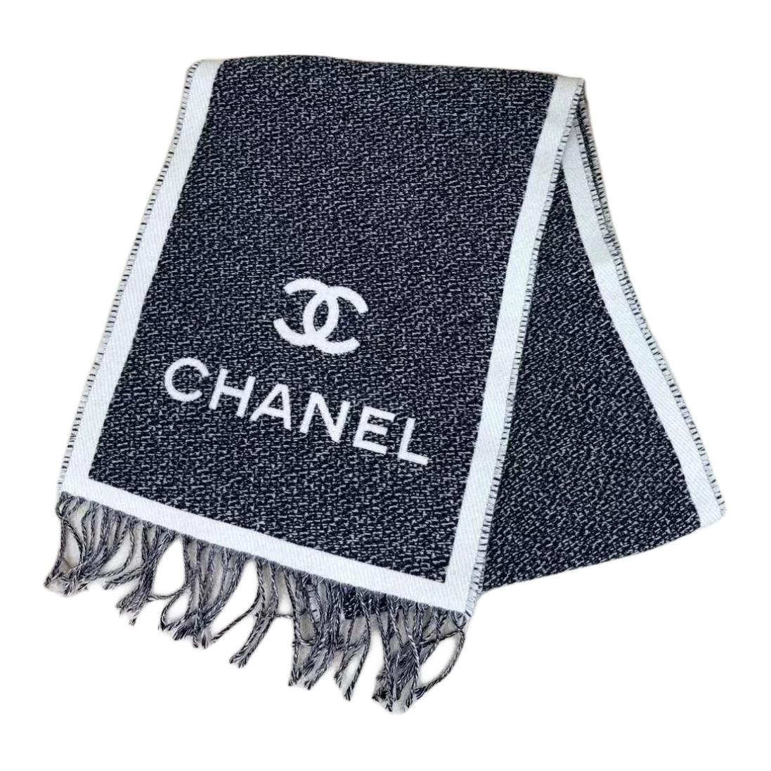 CHANEL Wool Knit Scarves Unisex Gray White