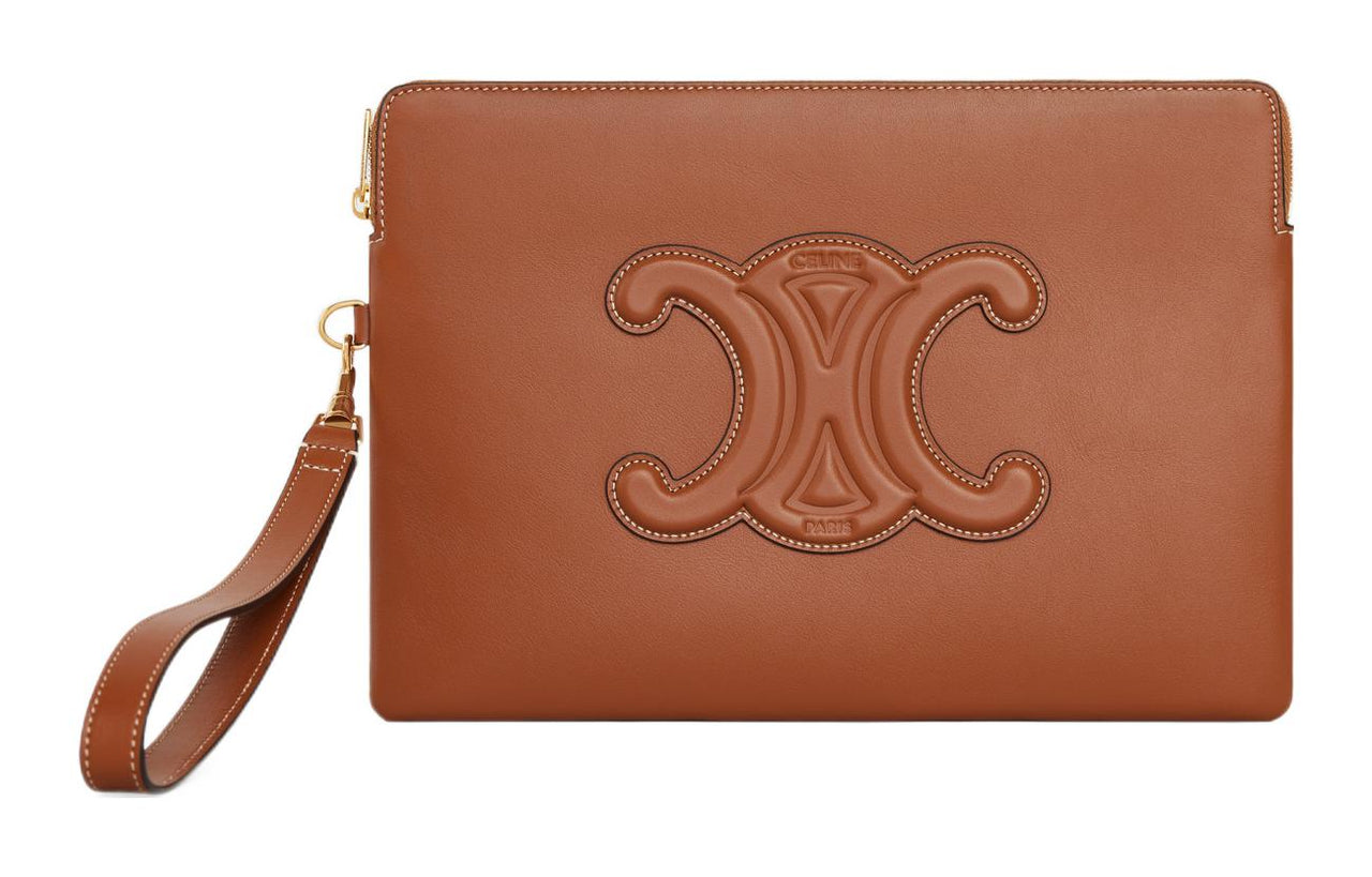 CELINE Cuir Triomphe Smooth Calf Leather Clutch Women's Yellow Brown