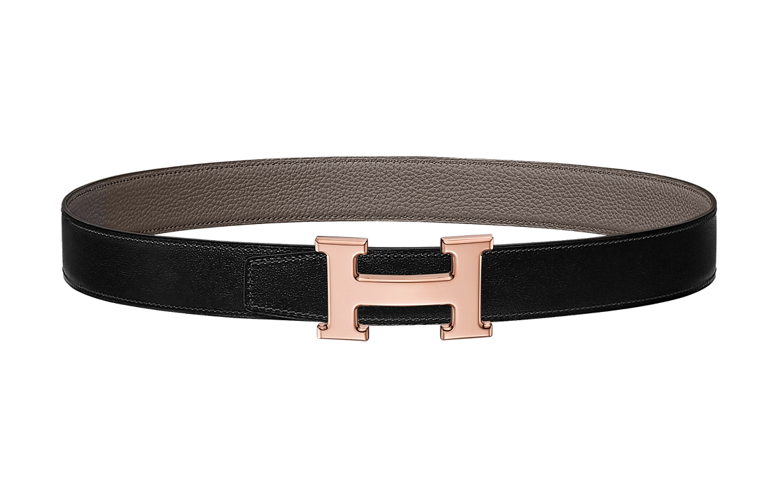 HERMES H-Shaped Pattern Decoration Rose Gold Buckle Togo Calfskin Double-Sided Leather Belt Unisex Black Width: 3.2cm