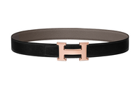 HERMES H-Shaped Pattern Decoration Rose Gold Buckle Togo Calfskin Double-Sided Leather Belt Unisex Black Width: 3.2cm