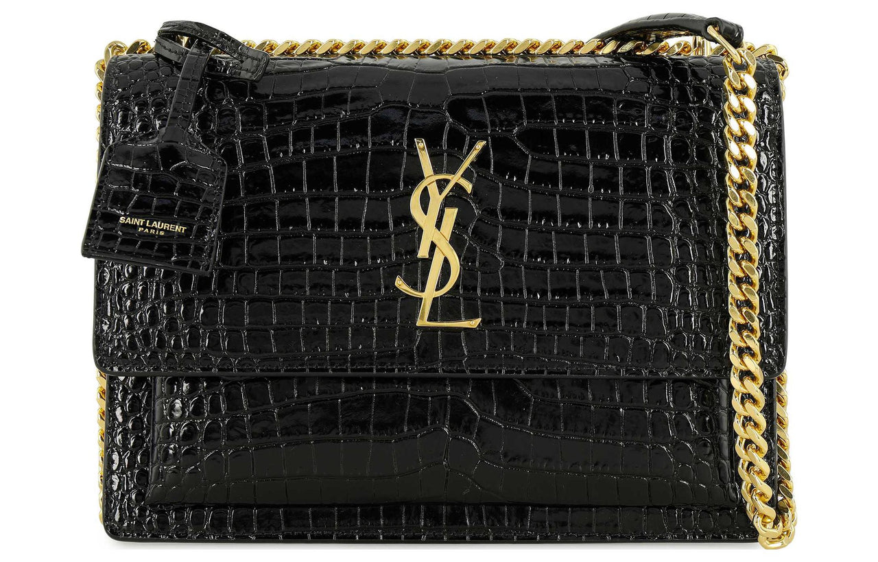 SAINT LAURENT SUNSET Shiny Leather Chain Shoulder Bag Crossbody Bag Medium Size Women's Black