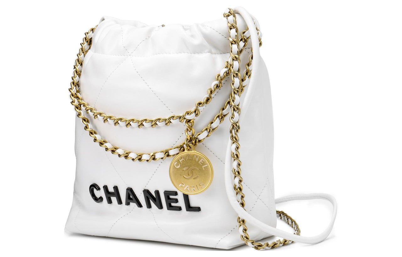 CHANEL 22Bag Shiny Calfskin Bucket Bags Shoulder Bag Crossbody Bag Mini Women's White