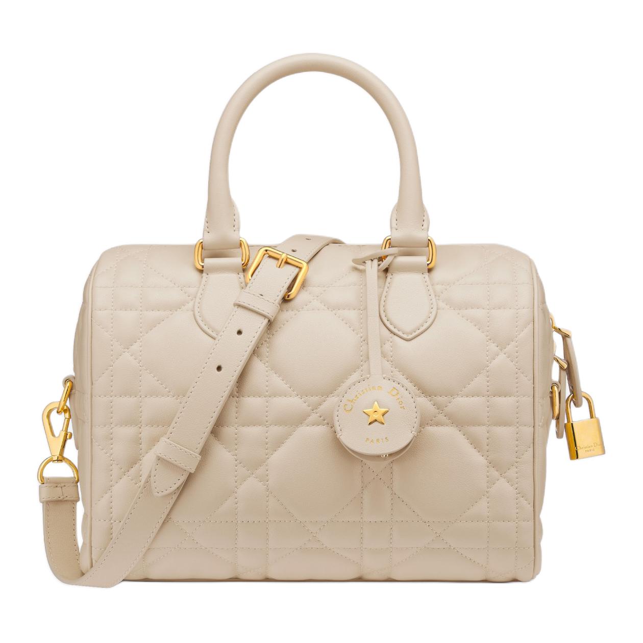 DIOR Macrocannage Calfskin Crossbody Handbag Women's Gray White