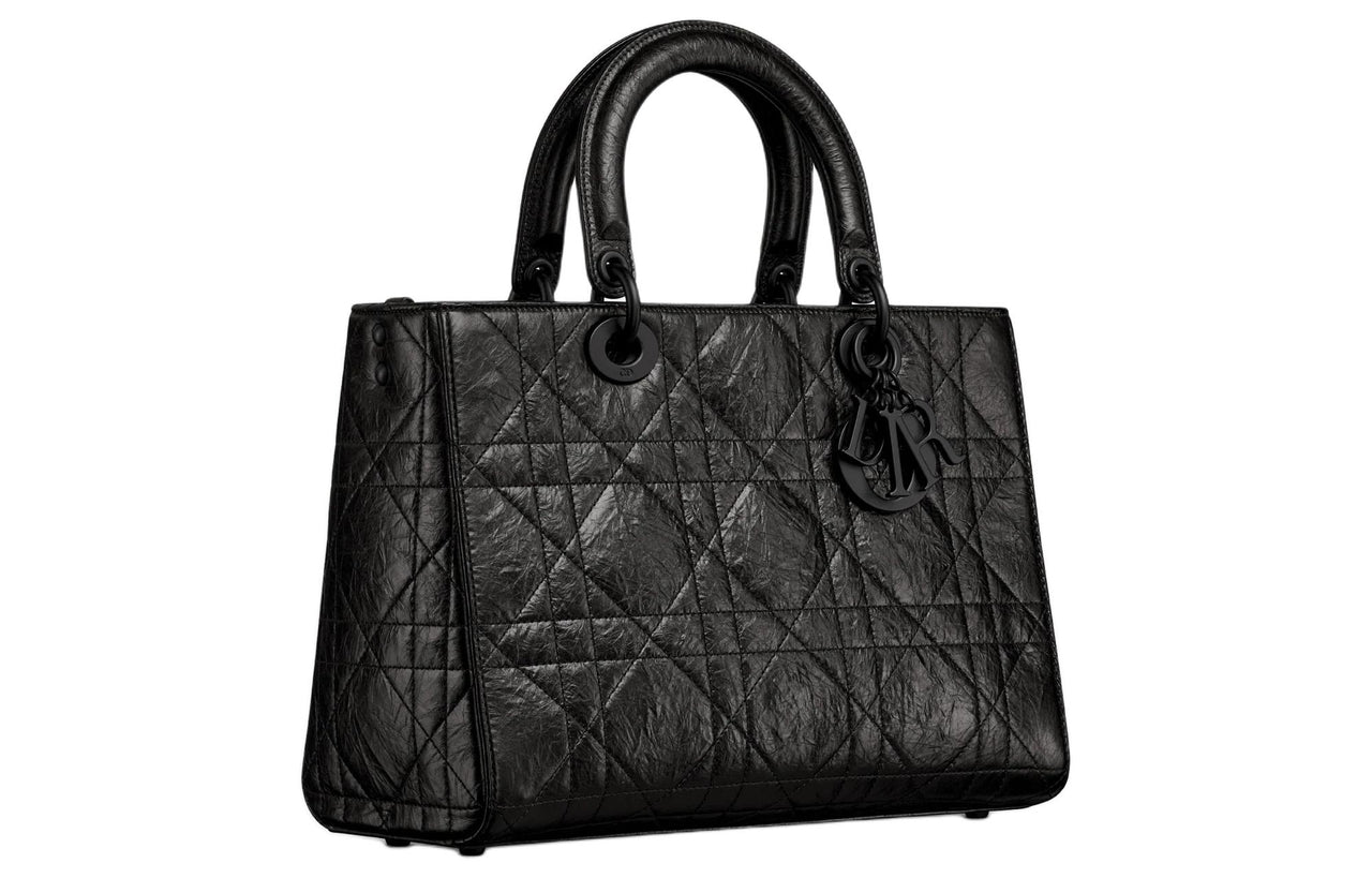 DIOR Pleated Cow Leather Shoulder Bag Crossbody Bag Handbag Medium Size Women's Black