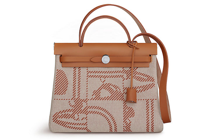 HERMES Herbag Zip Cowhide Patchwork Canvas Portable One Shoulder Canvas Bag Crossbody Bag Women's Gray & Brown
