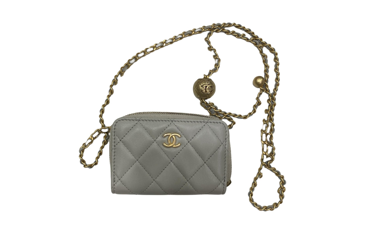 CHANEL Sheepskin Coin Purse Women's Light Gray