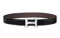 HERMES Calfskin Leather Belts Men's Black Width: 3.2CM