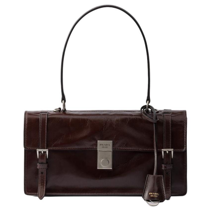PRADA Calfskin Shoulder Bag Medium Size Women's Dark Brown