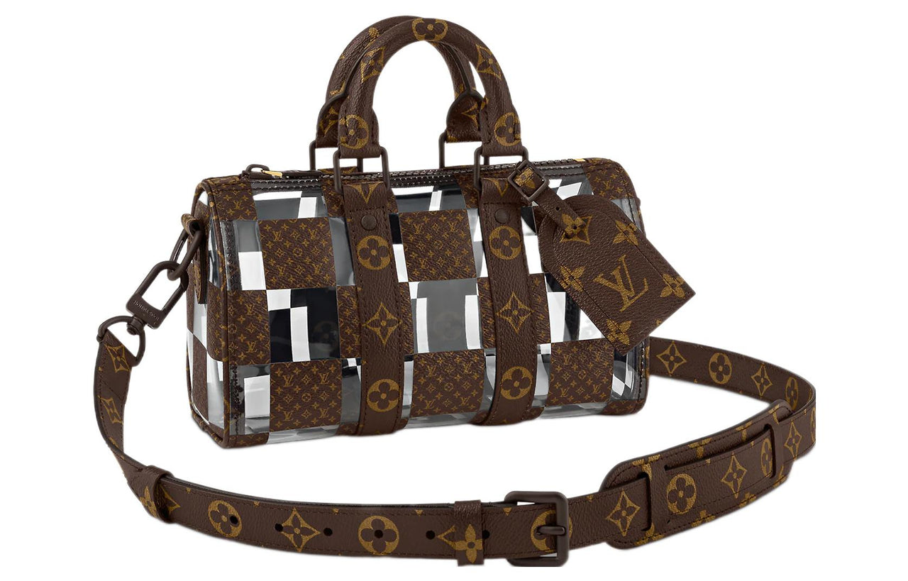 LOUIS VUITTON Men Keepall 25 Boston Monogram Chess Crossbody Bag Brown