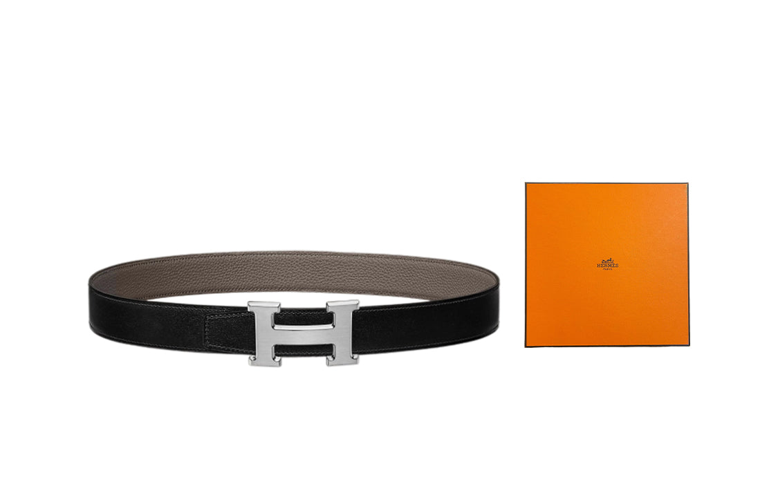HERMES Leather Belts Men Black/Tin Gray-Box