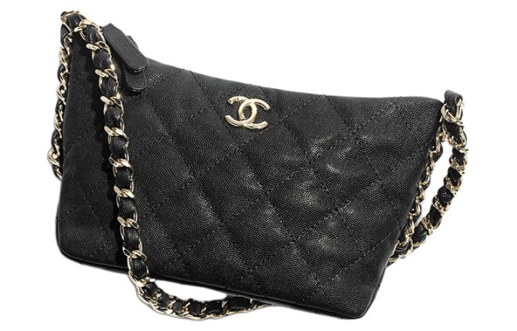 CHANEL Textured Cow Leather Hobo Bag Handbag Shoulder Bag Women's Black