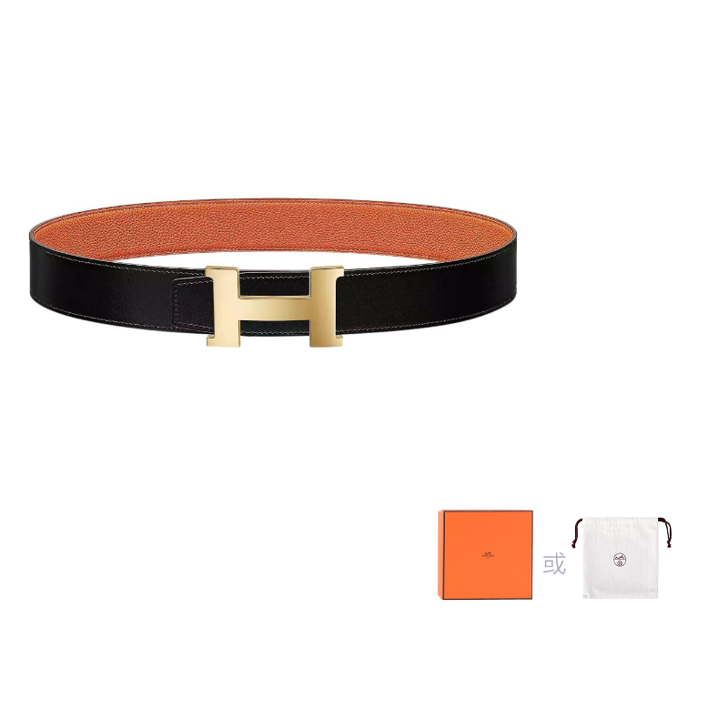 HERMES Cow Leather Leather Belts Men's Black/Orange Width: 3.8cm