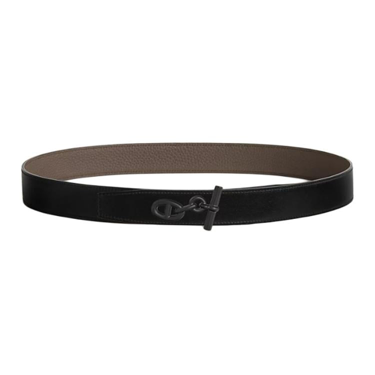 HERMES Calfskin Leather Belts Unisex Black/Tin Gray 3.2cm