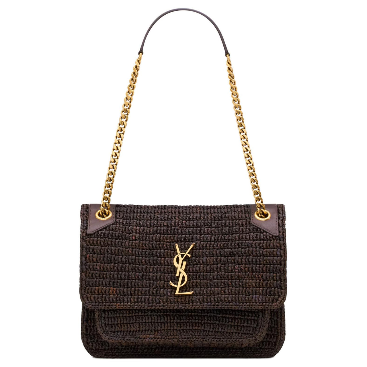 SAINT LAURENT Niki Raffia Crossbody Bag, Shoulder Bag Medium Size Women's Truffle Chocolate Brown