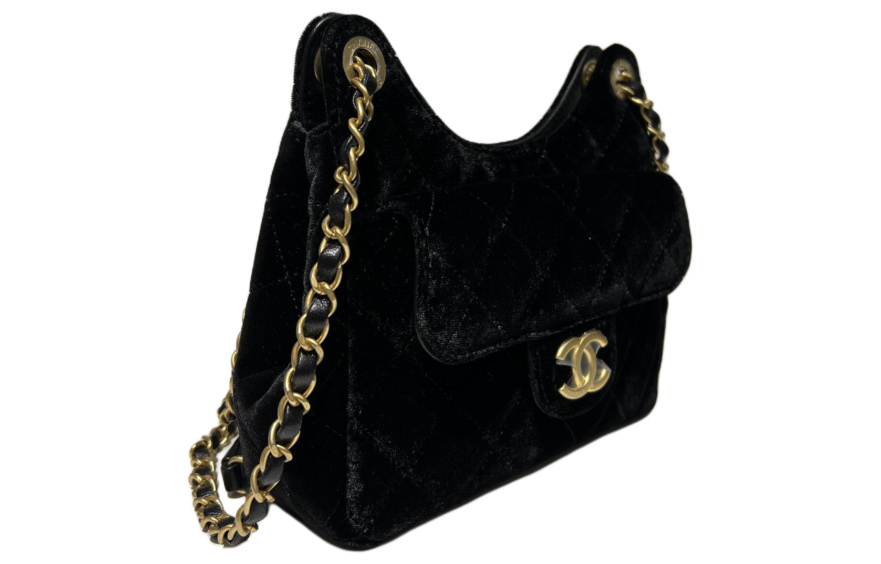 CHANEL Velvet Hobo Bag Crossbody Bag Shoulder Bag Women's Black