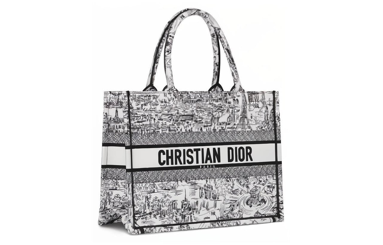 DIOR Embroidery Tote Bag, Shopping Bag, Handbag Medium Size Women's Black