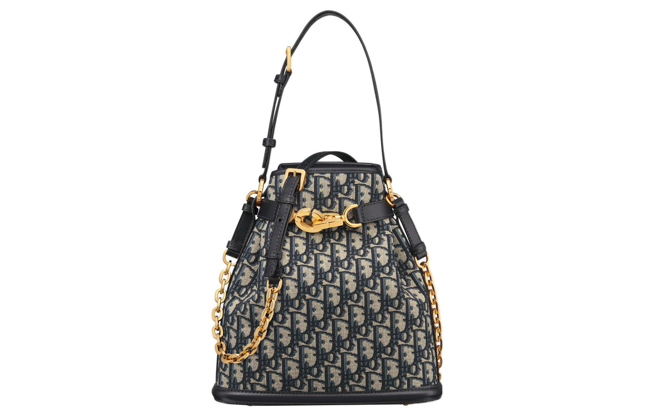 DIOR C'est Dior Oblique Print Cow Leather Patchwork Bucket Bag Portable Crossbody Bag Shoulder Bag Women's Blue