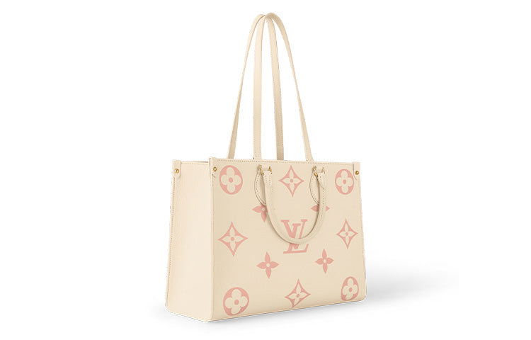 LOUIS VUITTON ONTHEGO Embossed Cow Leather Tote Bag, Shopping Bag, Handbag Medium Size Women's Cream White/Pink