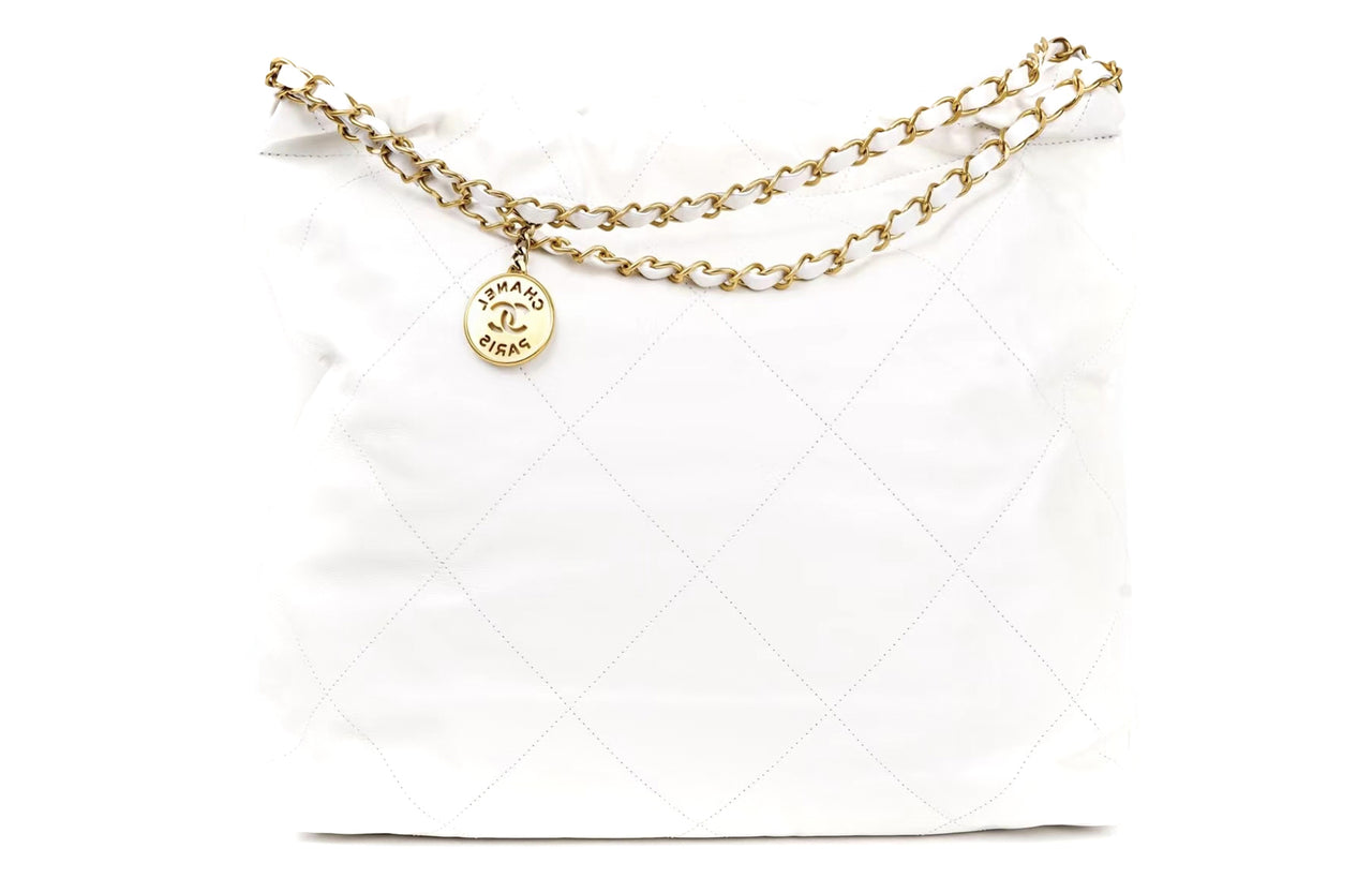 CHANEL Smooth Finish Calfskin Handbag Tote Bag Shopping Bag Crossbody Bag Medium Size Women's White