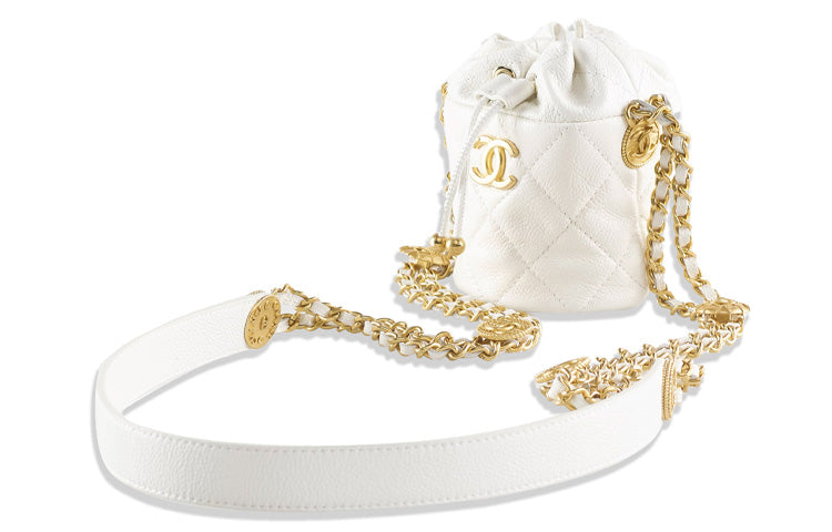 CHANEL 22A Early Autumn Grained Embossed Cow Leather Bucket Bag Crossbody Bag Mini Women's White/Black