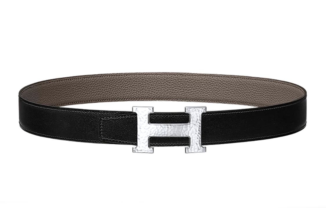 HERMES Popular Silver Buckle Togo Calfskin Double-Sided Leather Belt Men's Black Width: 3.2cm