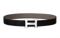 HERMES Popular Silver Buckle Togo Calfskin Double-Sided Leather Belt Men's Black Width: 3.2cm
