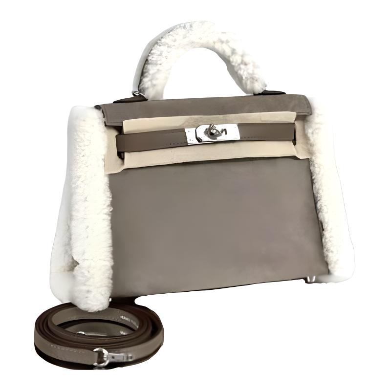HERMES Grizzly Suede With Swift Calfskin Kelly Crossbody Bag, Shoulder Bag Mini Women's Stone Gray & Elephant Gray