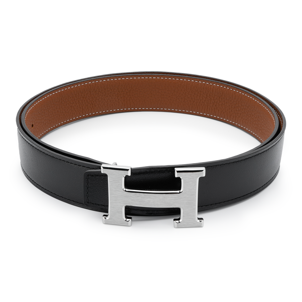 HERMES Classic Medium Gray Buckle Togo Calfskin Double-Sided Leather Belt Men's Black/Gold Width: 3.2cm