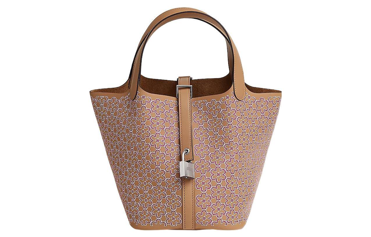 HERMES Picotin Swift Calfskin Basket Bag Handbag Bucket Bag 18 Women's Milk Tea Beige With Rose And White Accents