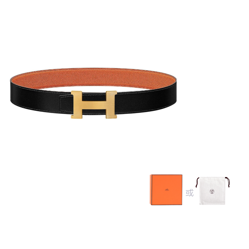 HERMES Calfskin Double-Sided Leather Leather Belts Men's Black/Orange Width: 3.8cm
