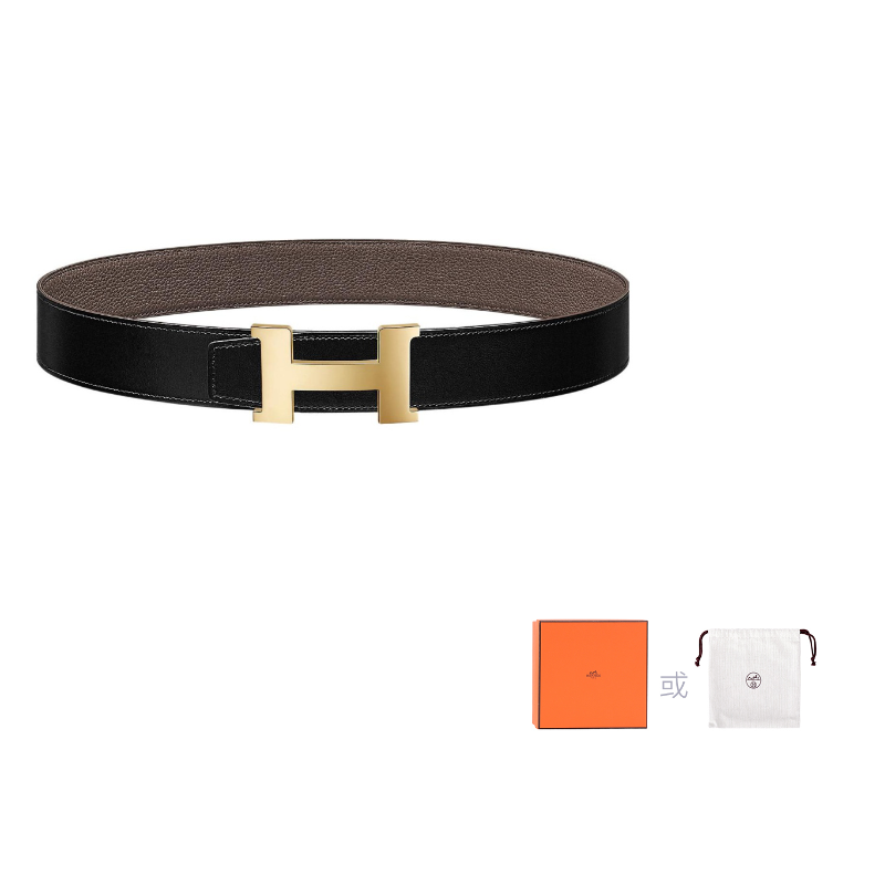 HERMES Togo Calfskin Double-Sided Leather Belt Leather Belts Men's Black/Tin Gray Width: 3.8cm