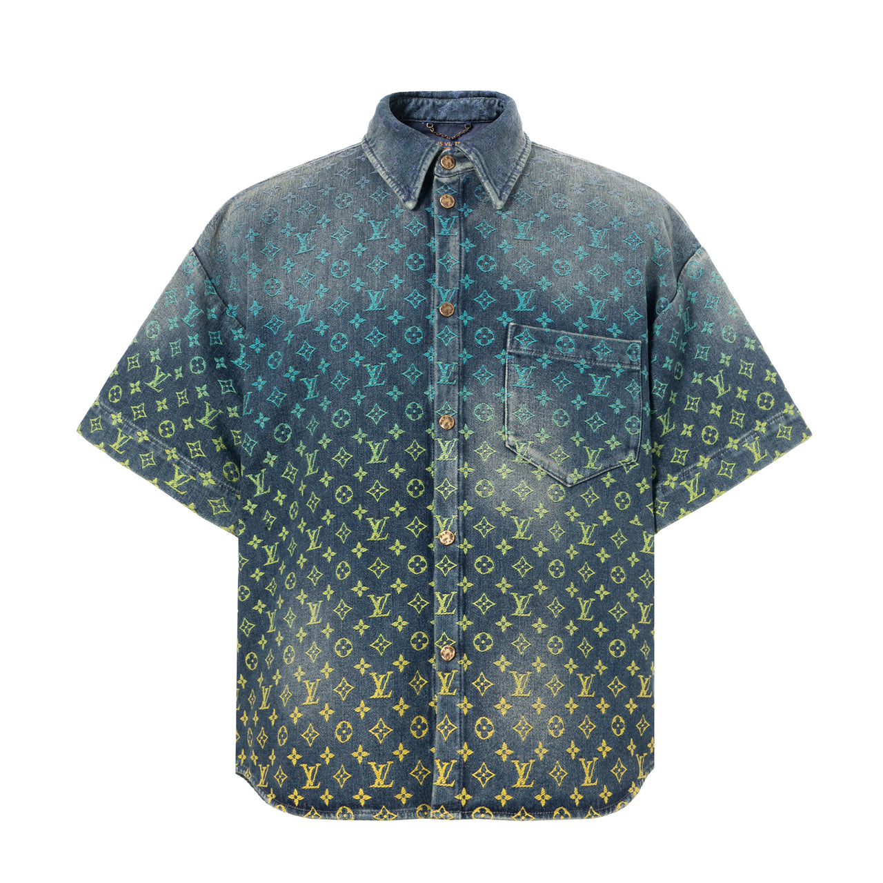 LOUIS VUITTON SS23 Rainbow Monogram Short-Sleeve Denim Shirt Indigo Blue