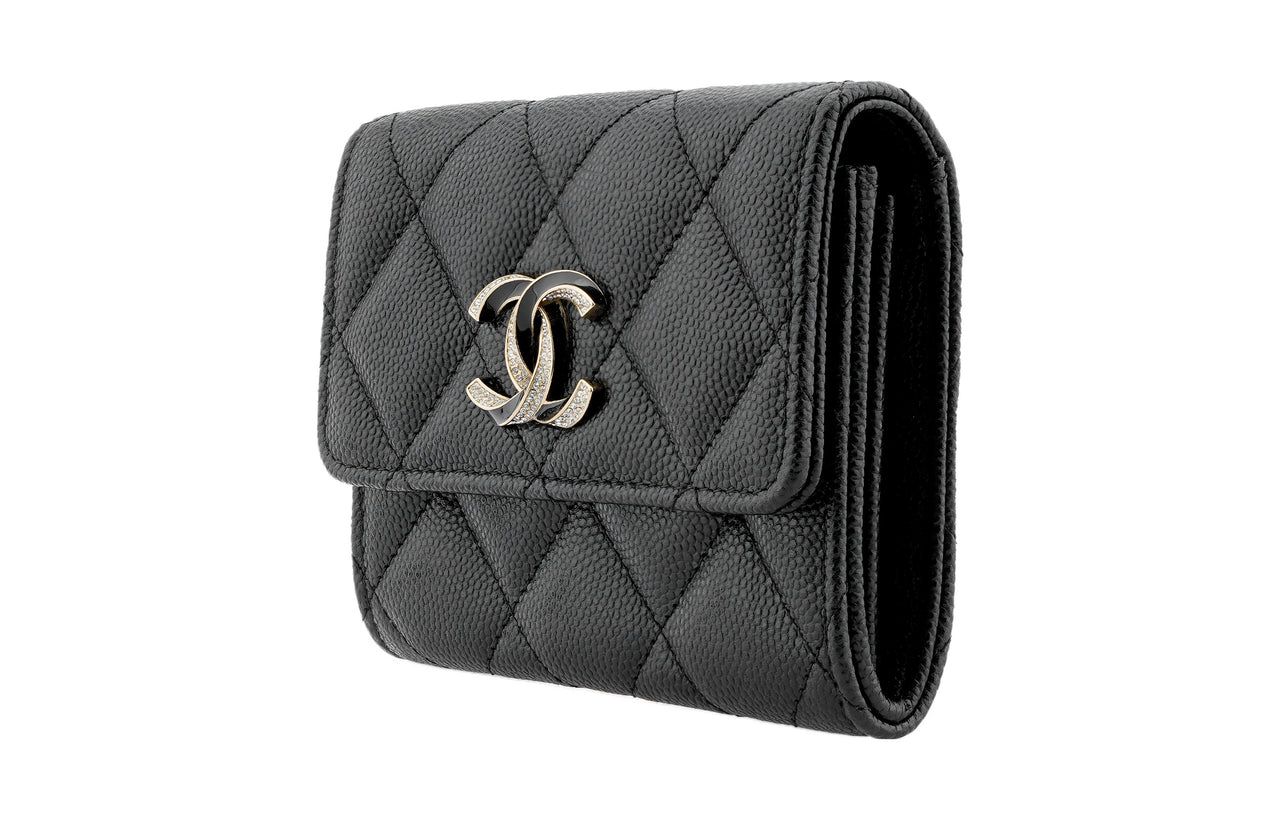 CHANEL Cow Leather Card Holder Coin Purse Women's Black