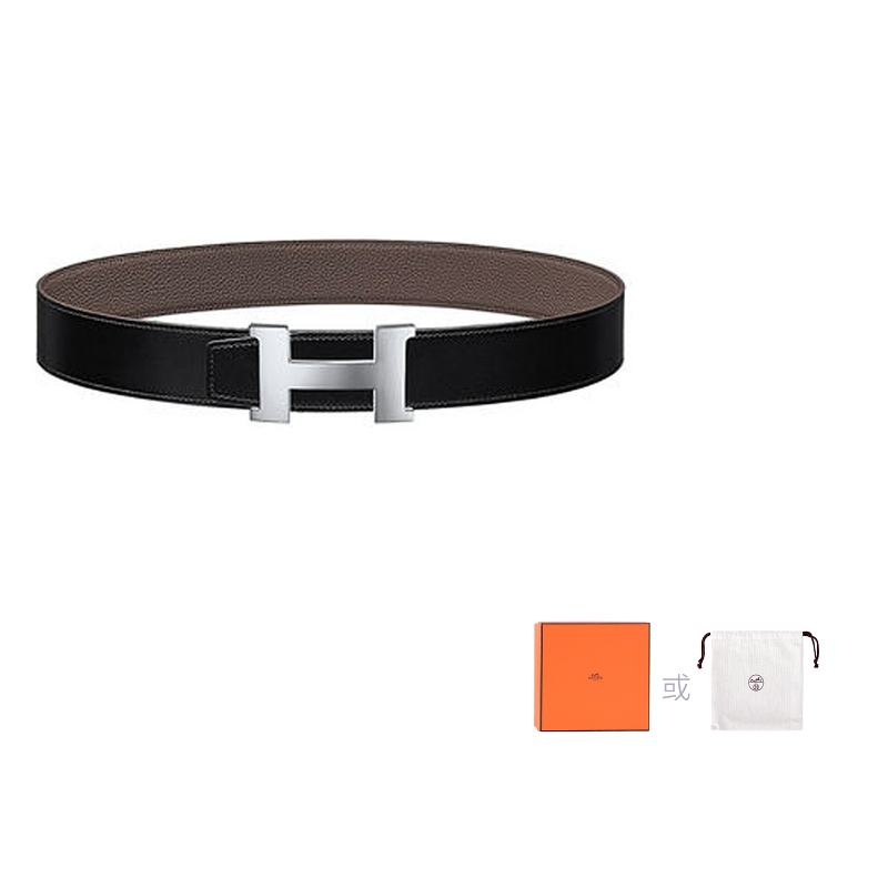 HERMES Leather Leather Belts Unisex Black/Tin Gray Width: 3.8cm