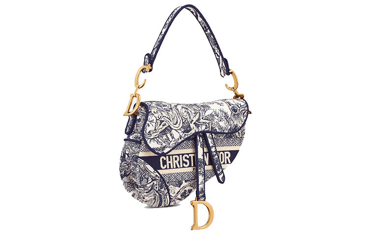 DIOR Saddle Embroidery Saddle Bag, Shoulder Bag, Handbag Medium Size Women's Blue