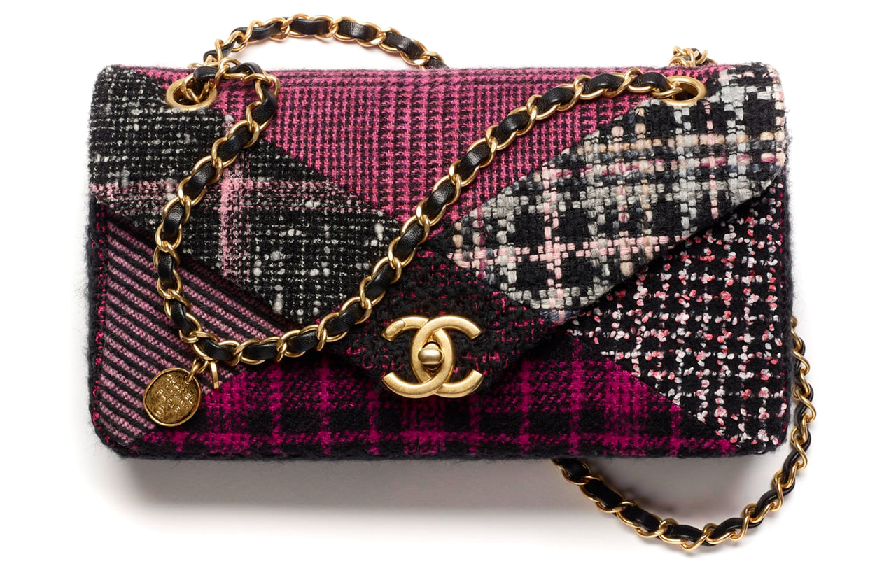 CHANEL Twill Soft Woolen Patchwork Fabric & Gold Metal Flap Bag, Shoulder Bag, Crossbody Bag Women's Black/Pink/White