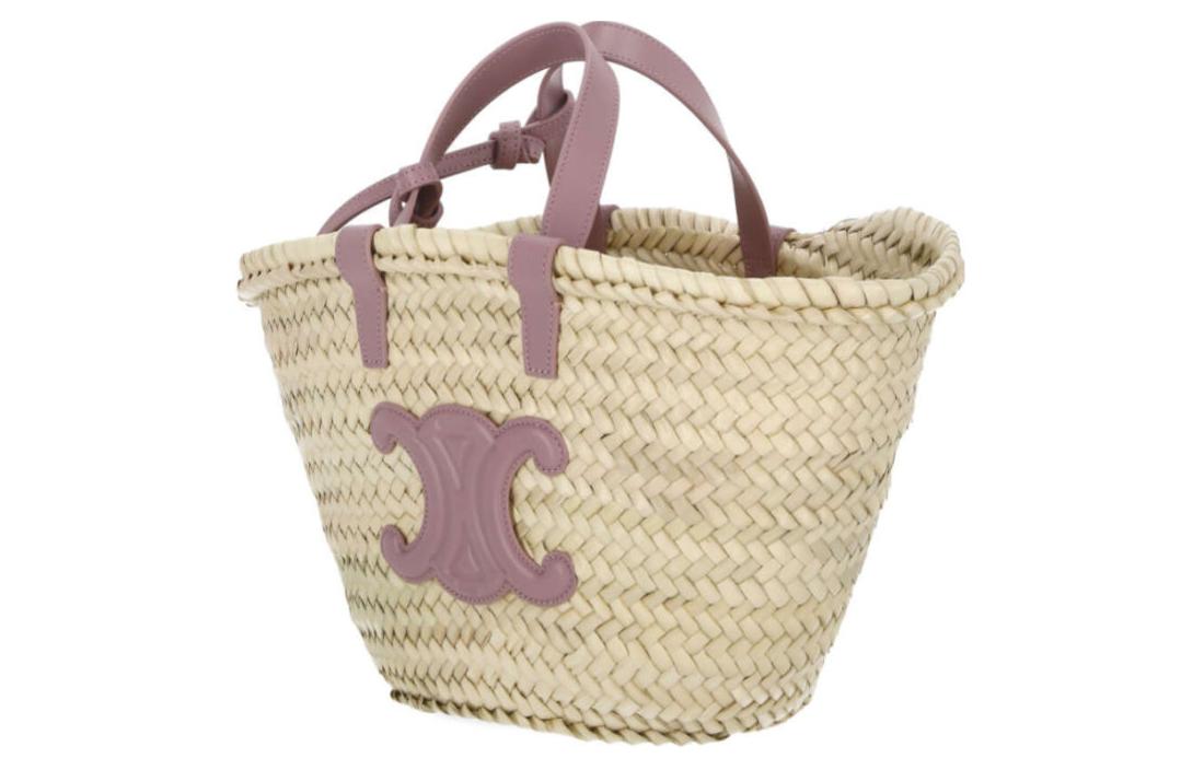 CELINE Palm Leaf With Cow Leather Binding Tote Bag, Shopping Bag, Basket, Handbag Women's Purple & Natural